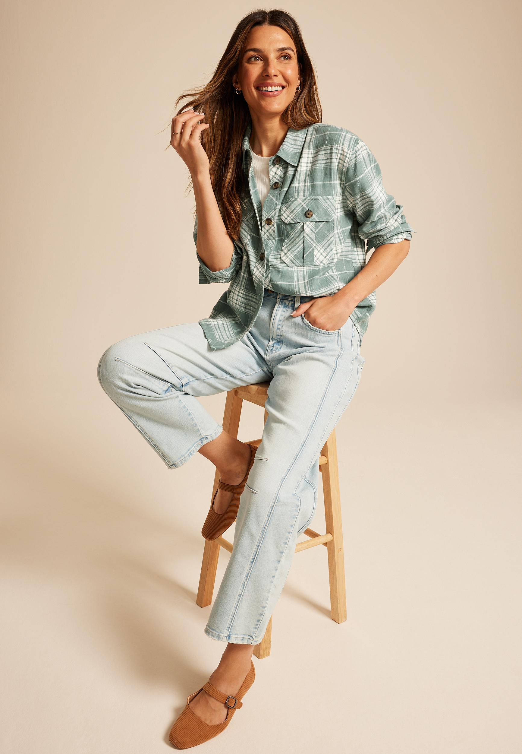 Shorty Utility Plaid Button Down Shirt, SAGE FOG COMBO, large