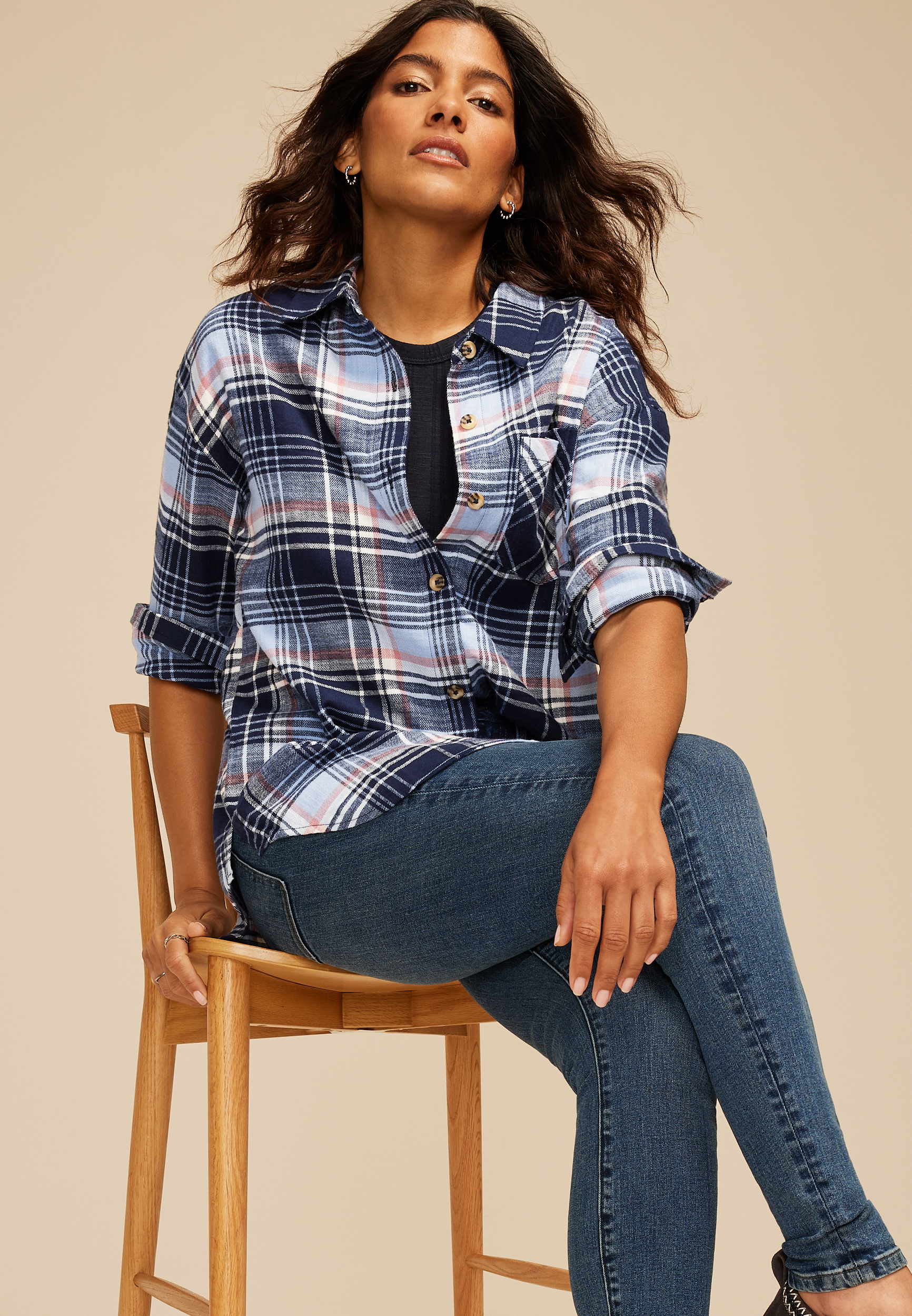 Cabin Plaid Boyfriend Tunic Button Down Shirt, C1769, large