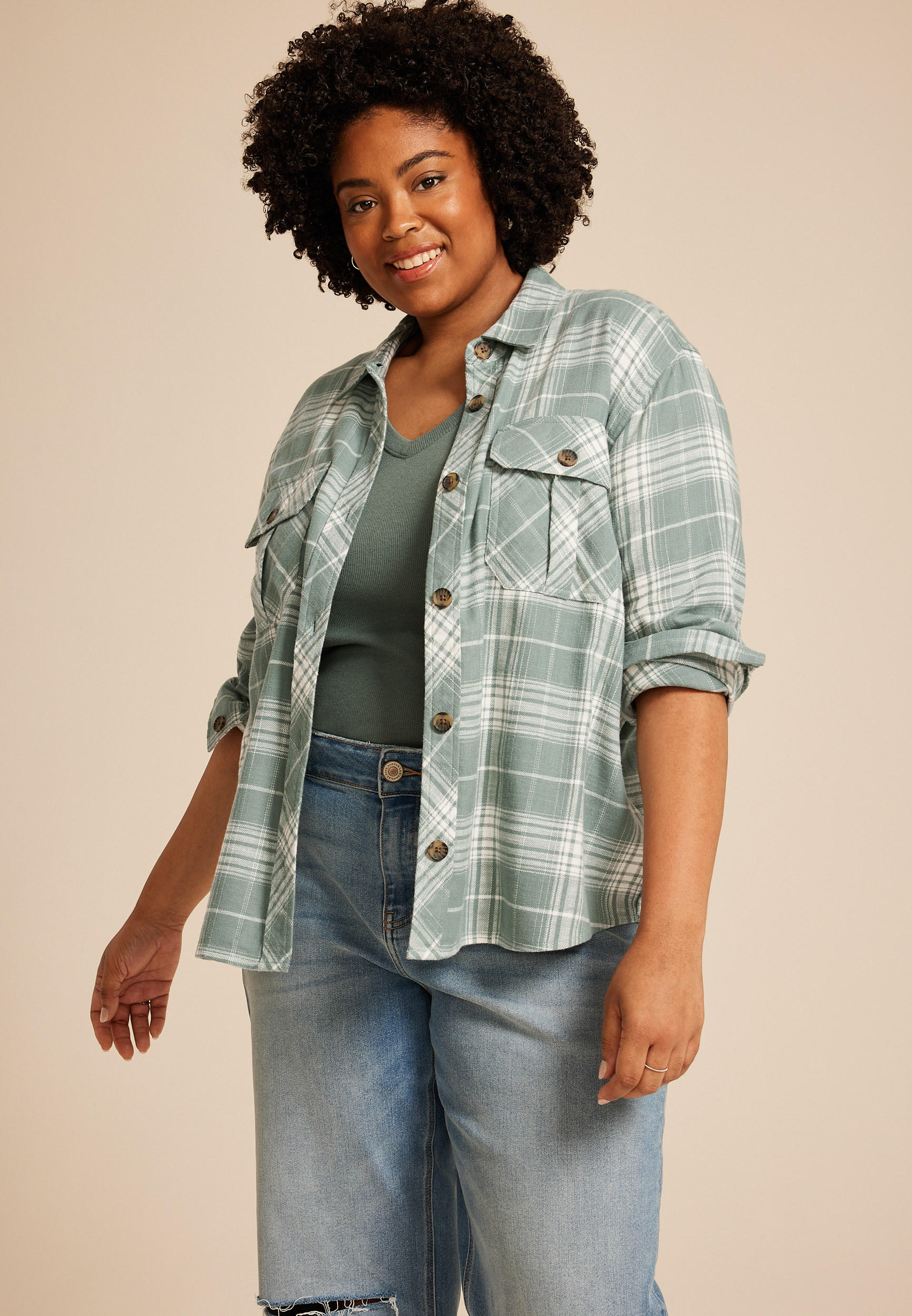 Plus Size Shorty Utility Plaid Button Down Shirt