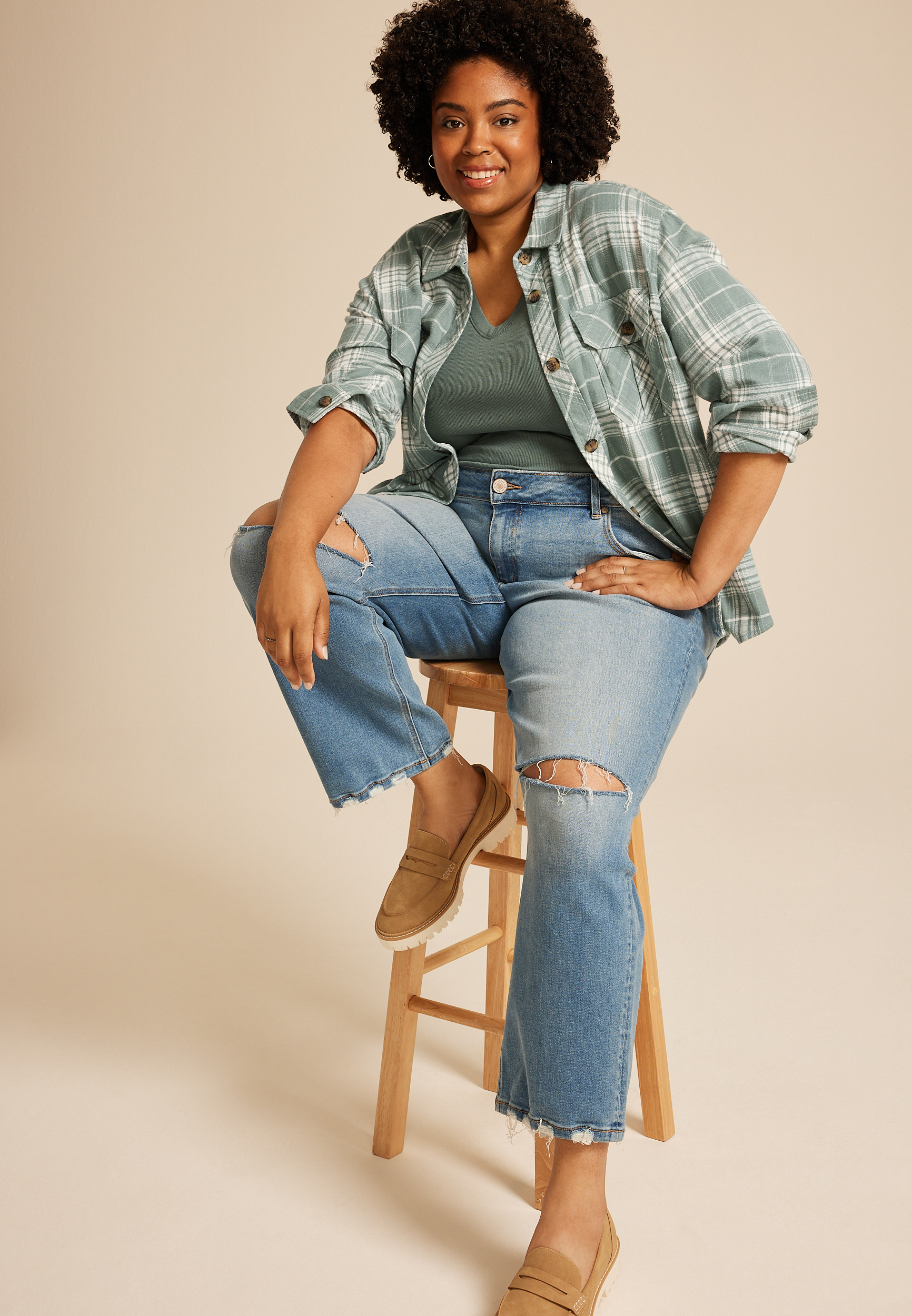 Plus Size Shorty Utility Plaid Button Down Shirt, C6509, large