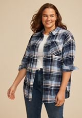 Plus Size Cabin Plaid Boyfriend Tunic Button Down Shirt, NAVY COMBO, small