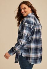 Plus Size Cabin Plaid Boyfriend Tunic Button Down Shirt, NAVY COMBO, small