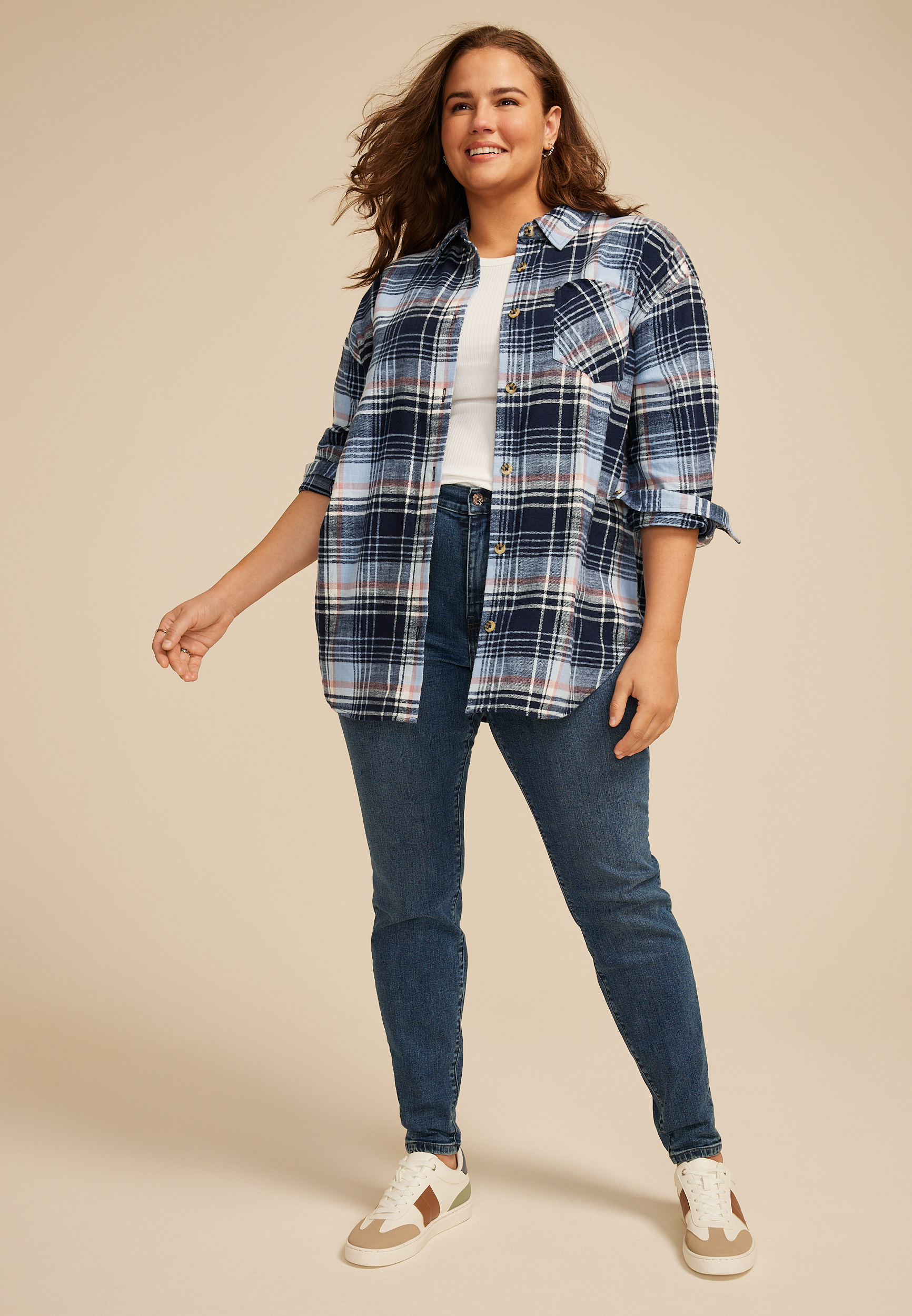 Plus Size Cabin Plaid Boyfriend Tunic Button Down Shirt, NAVY COMBO, large
