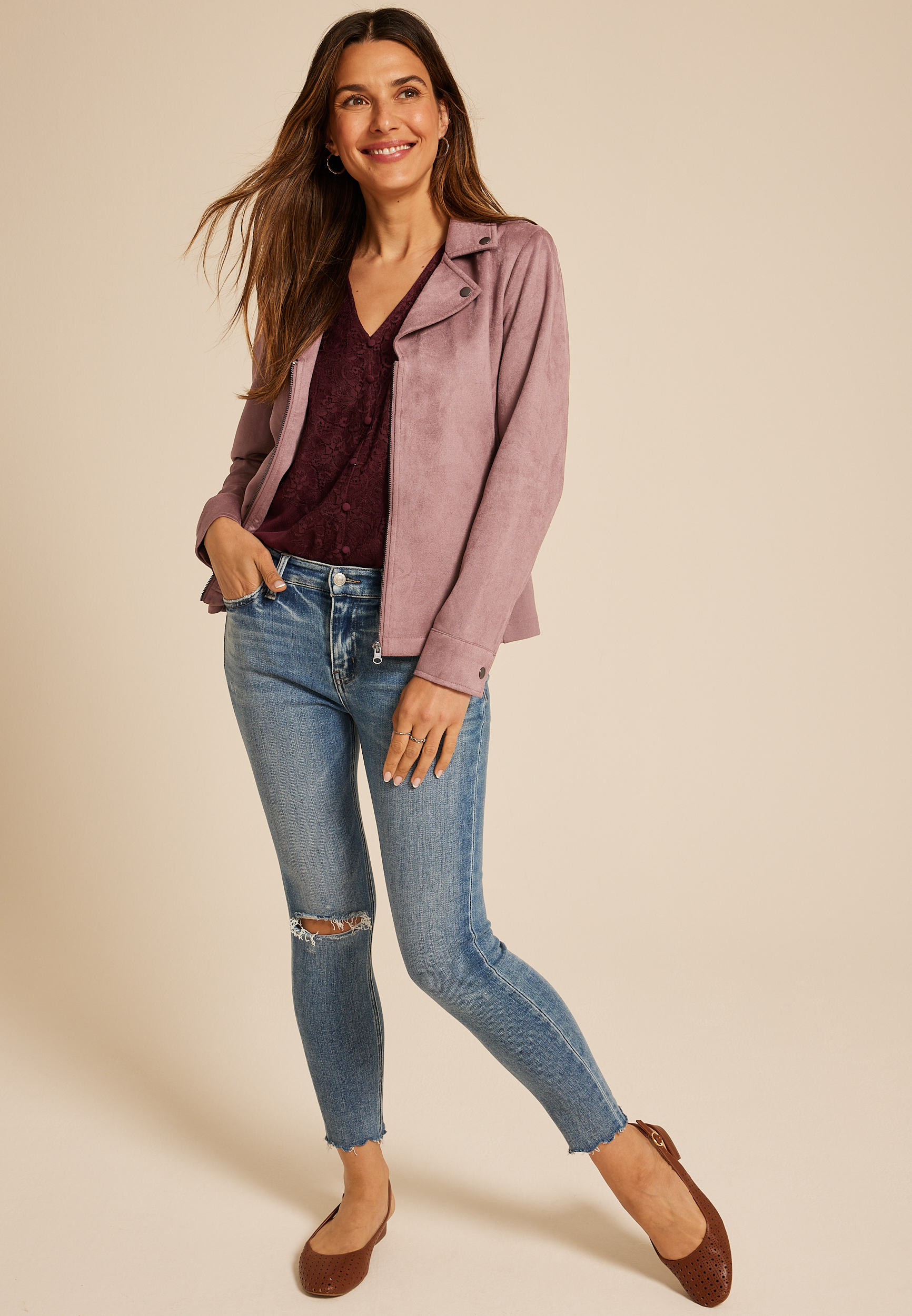 Mauve Faux Suede Moto Jacket, TWILIGHT MAUVE, large