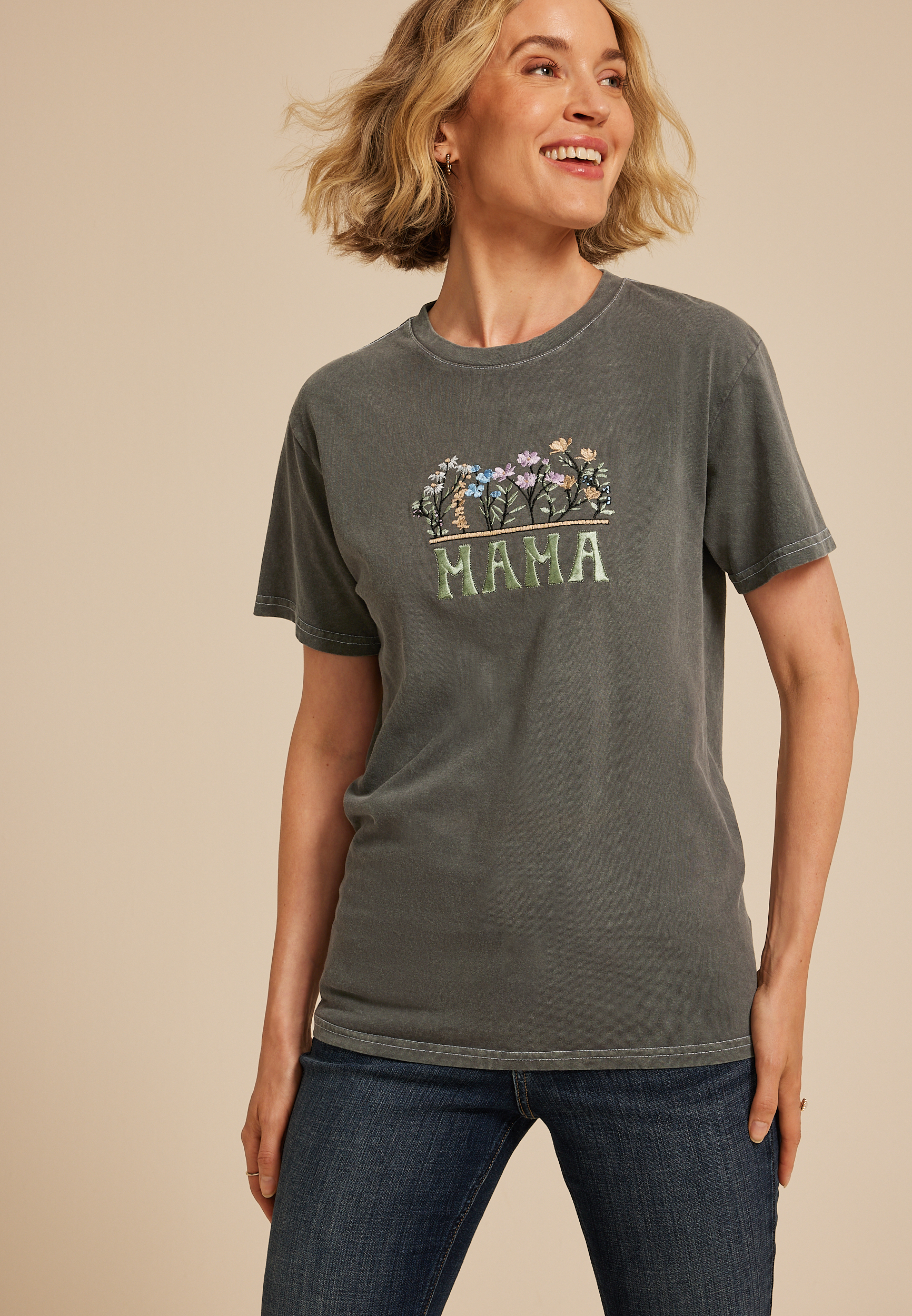 Mama Floral Embroidered Relaxed Graphic Tee, GRAY, large
