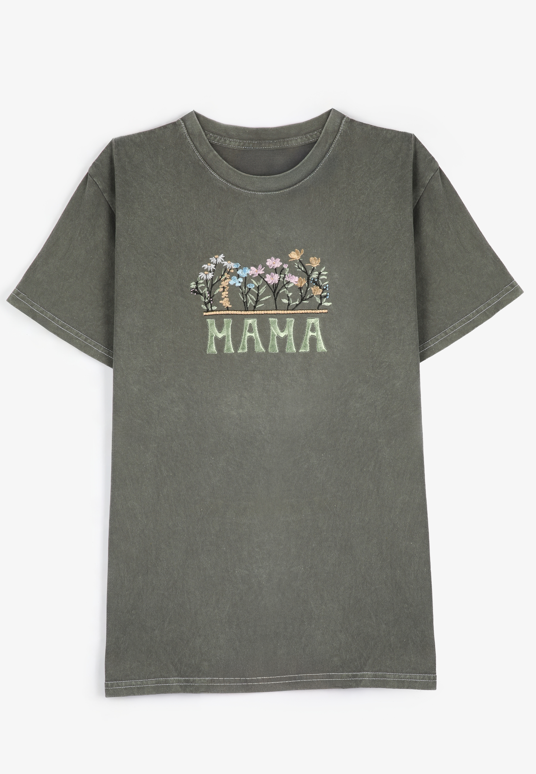Mama Floral Embroidered Relaxed Graphic Tee, GRAY, large