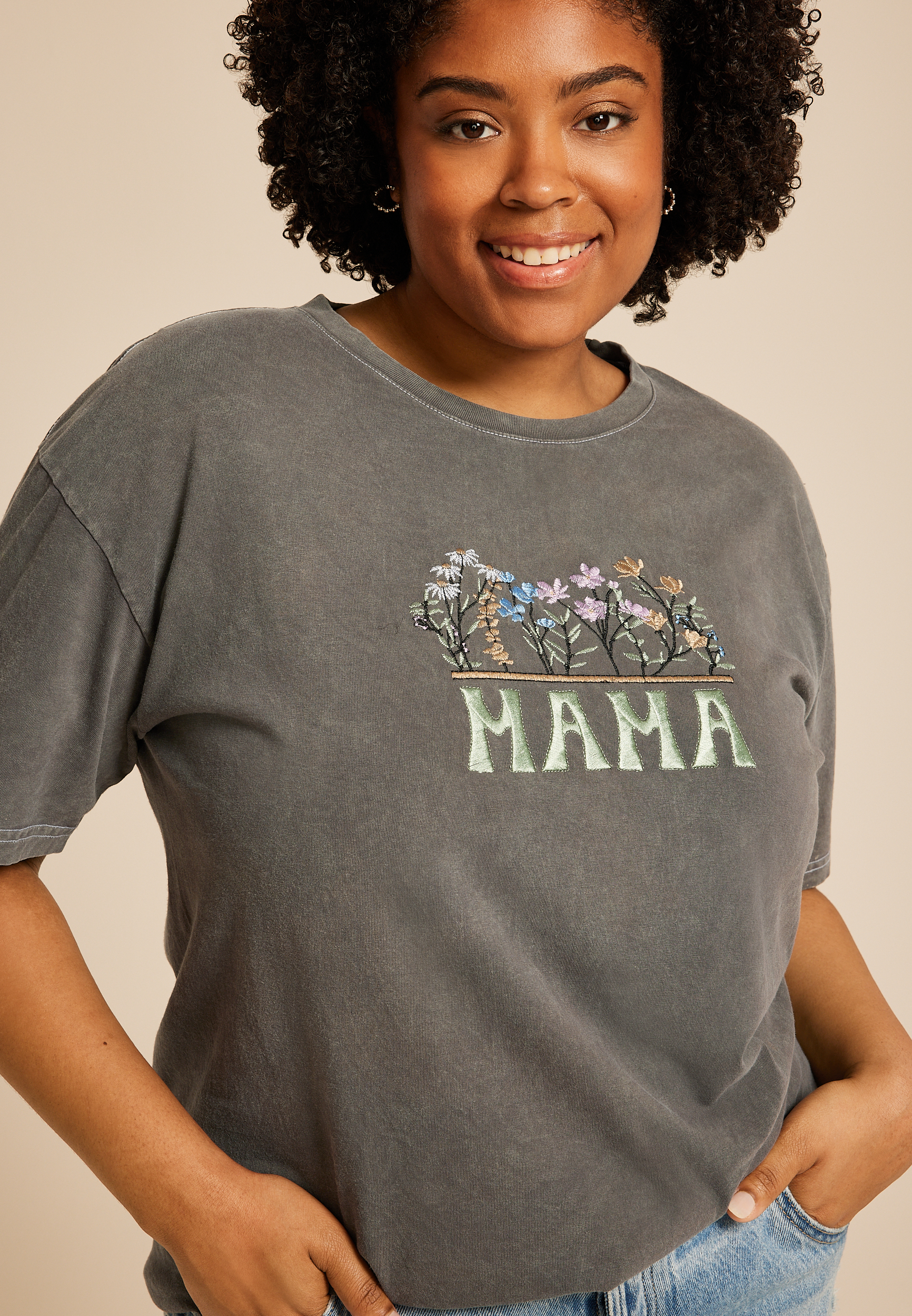 Plus Size Mama Floral Embroidered Relaxed Fit Graphic Tee