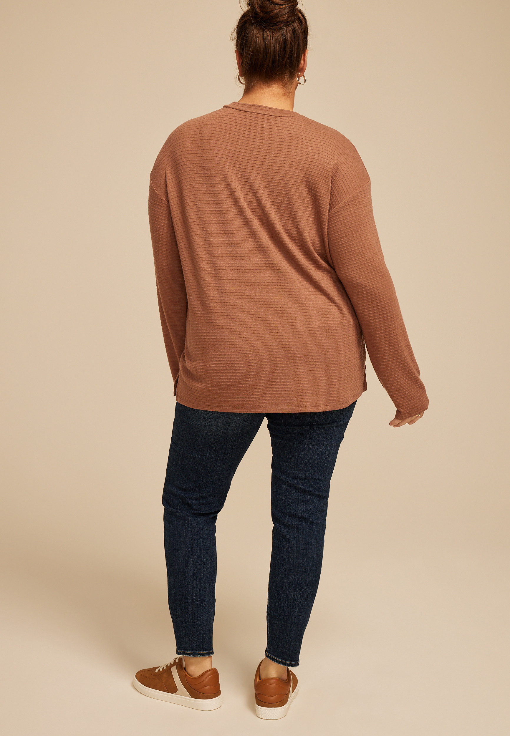 Plus Size 24/7 Ottoman Rib Long Sleeve Tee, CAROB BROWN, large