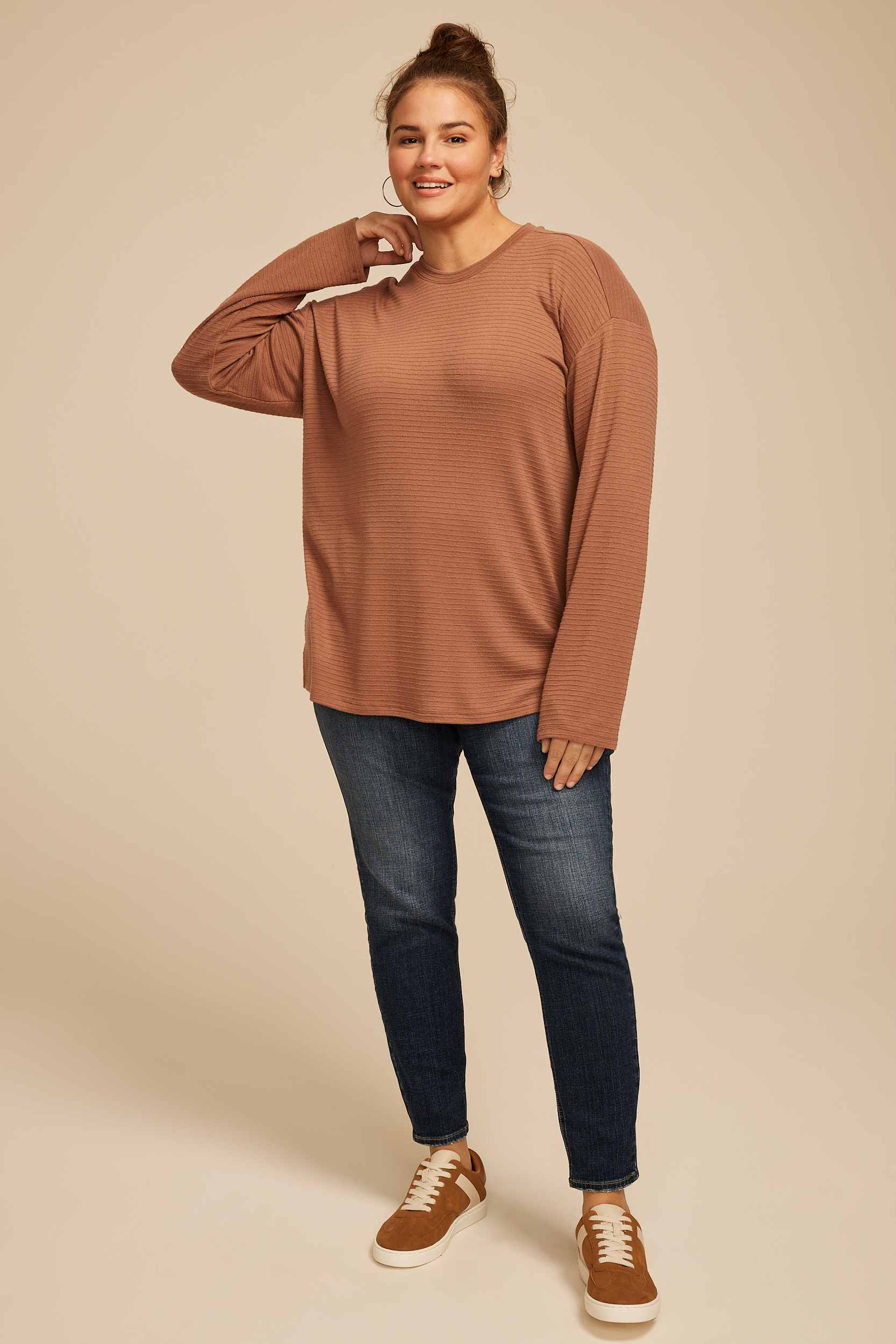 Plus Size 24/7 Ottoman Rib Long Sleeve Tee, CAROB BROWN, large