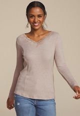 Cozy Lace Trim V Neck Top, C1084, small