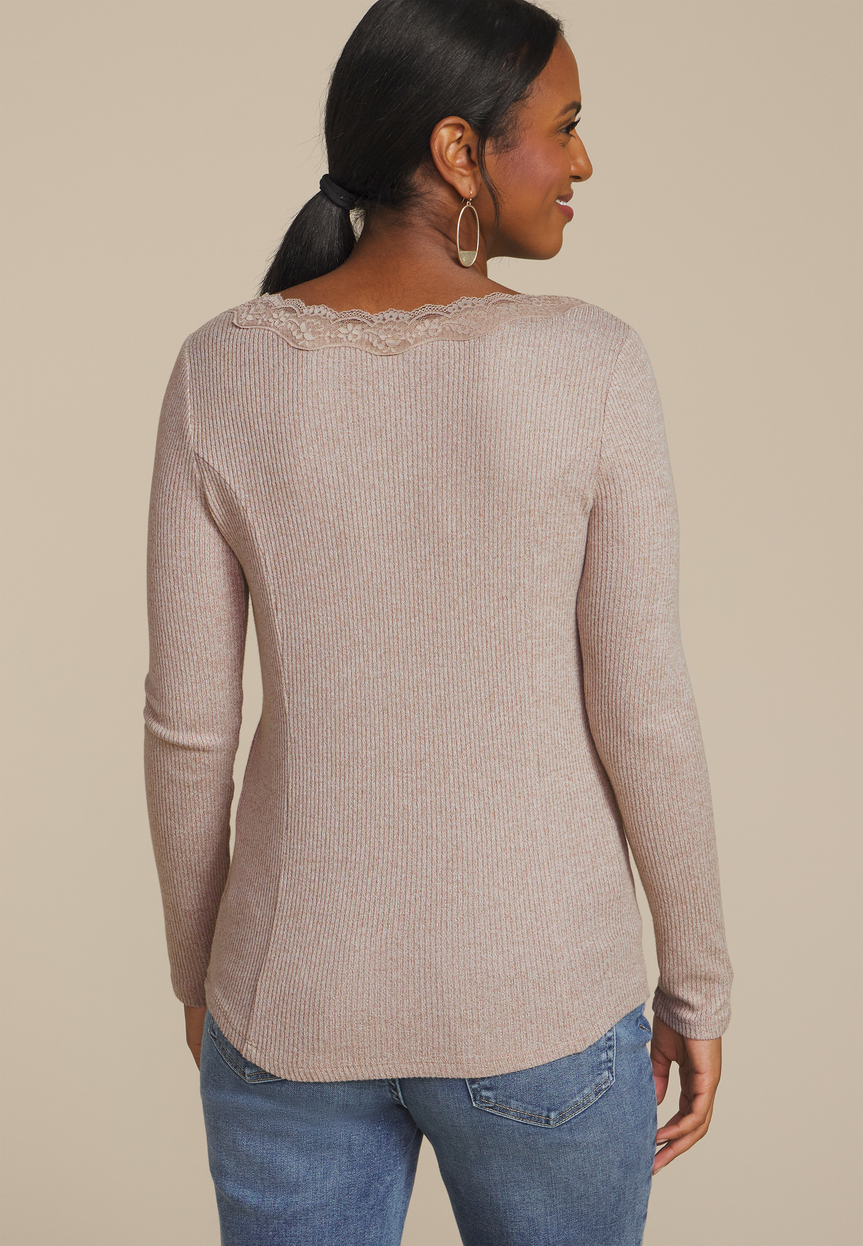 Cozy Lace Trim V Neck Top, C1084, large