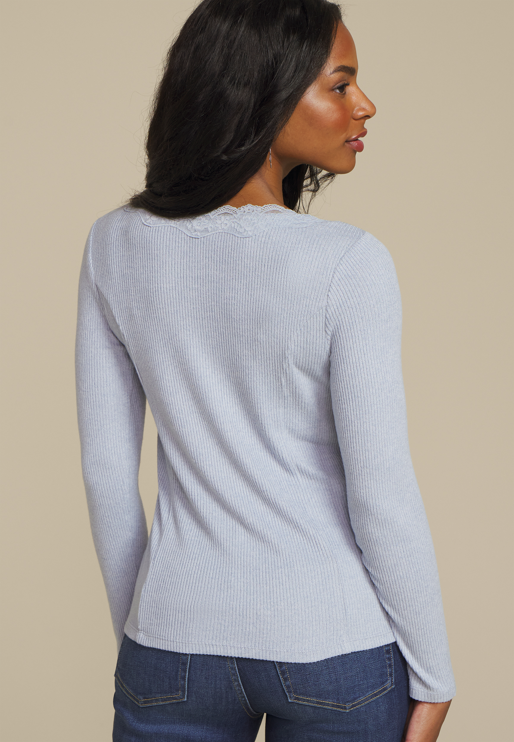 Cozy Lace Trim V Neck Top