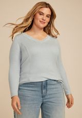 Plus Size Cozy Lace Trim V Neck Top, C3450, small