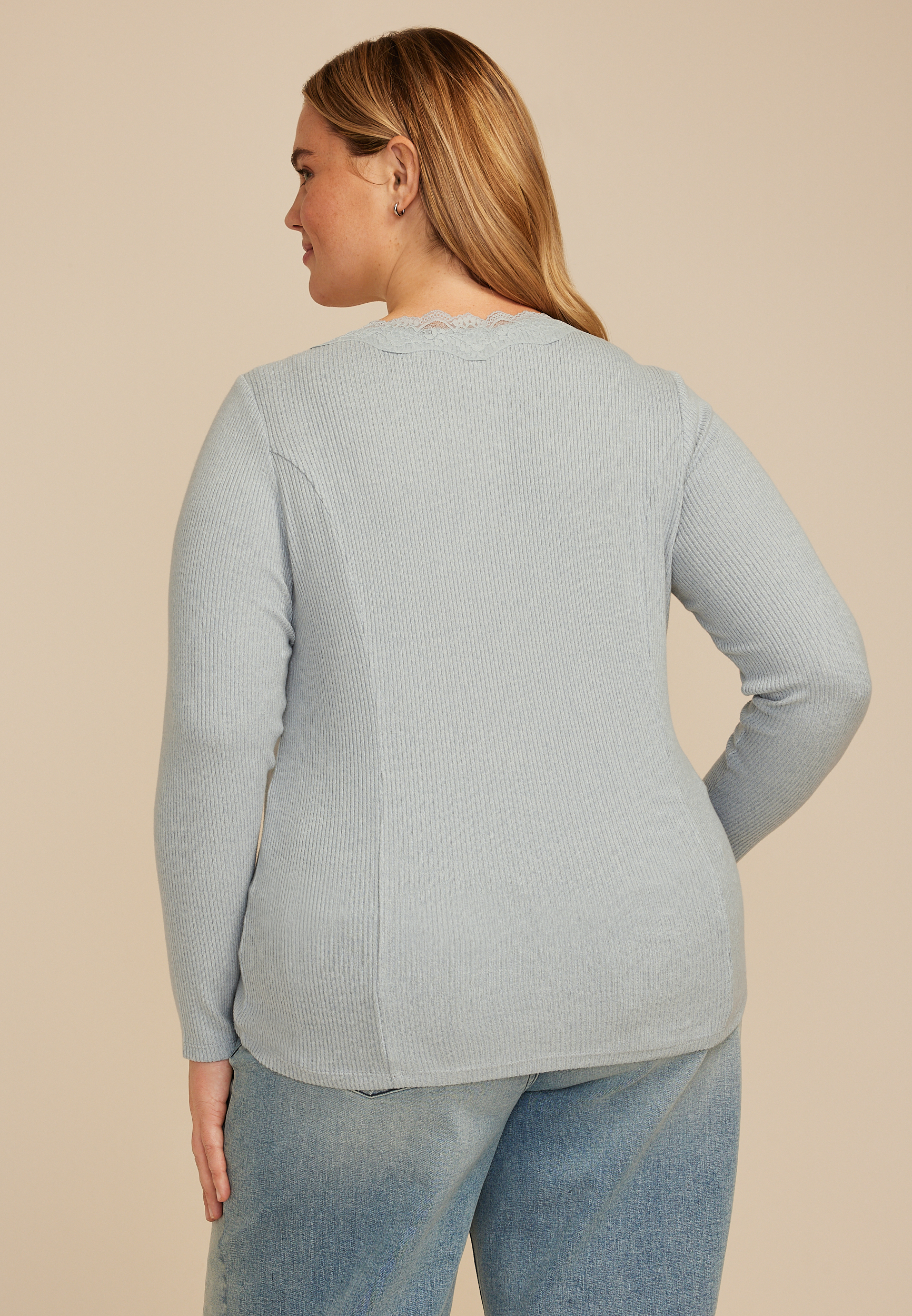 Plus Size Cozy Lace Trim V Neck Top, C3450, large
