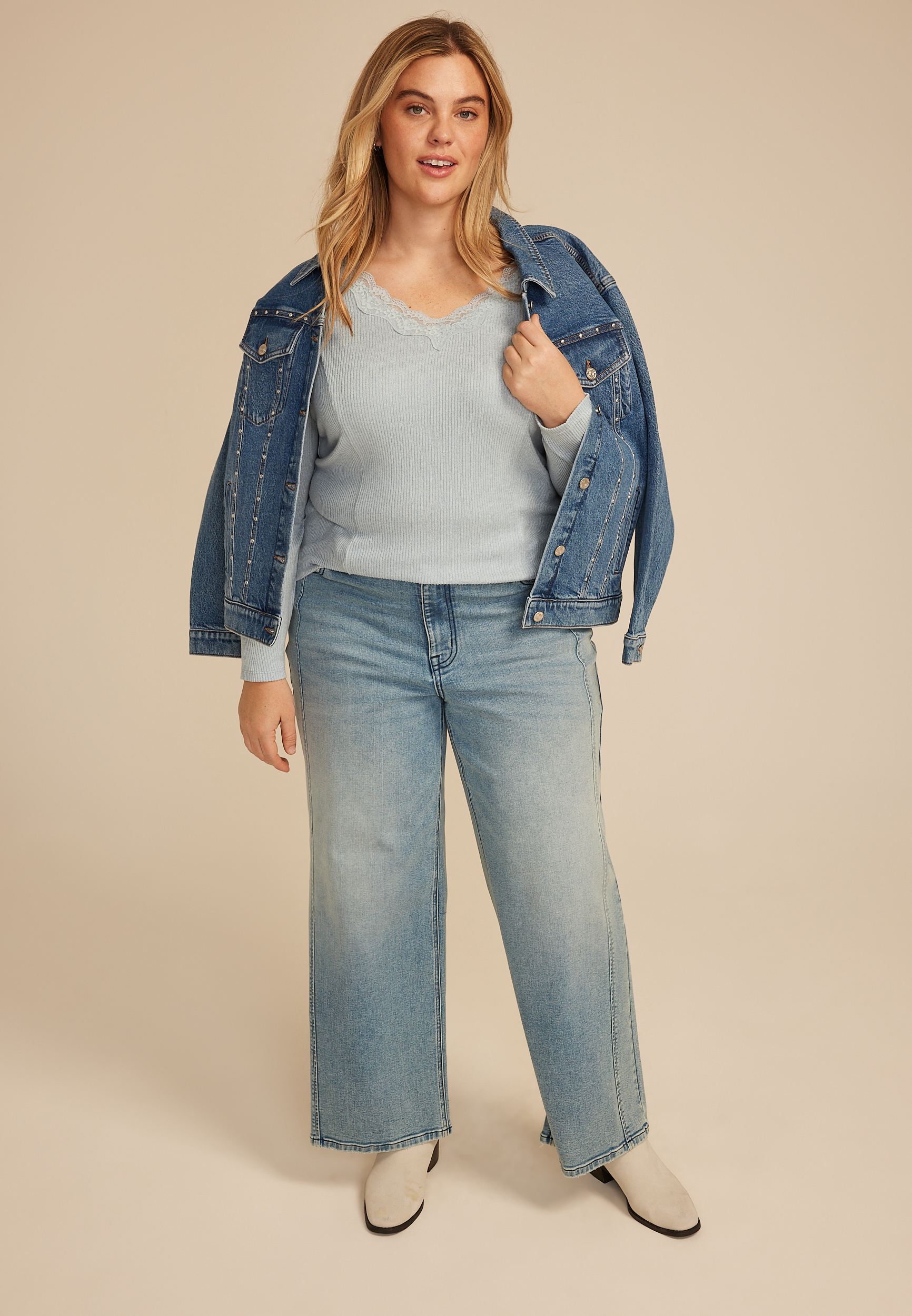 Plus Size Cozy Lace Trim V Neck Top, C3450, large