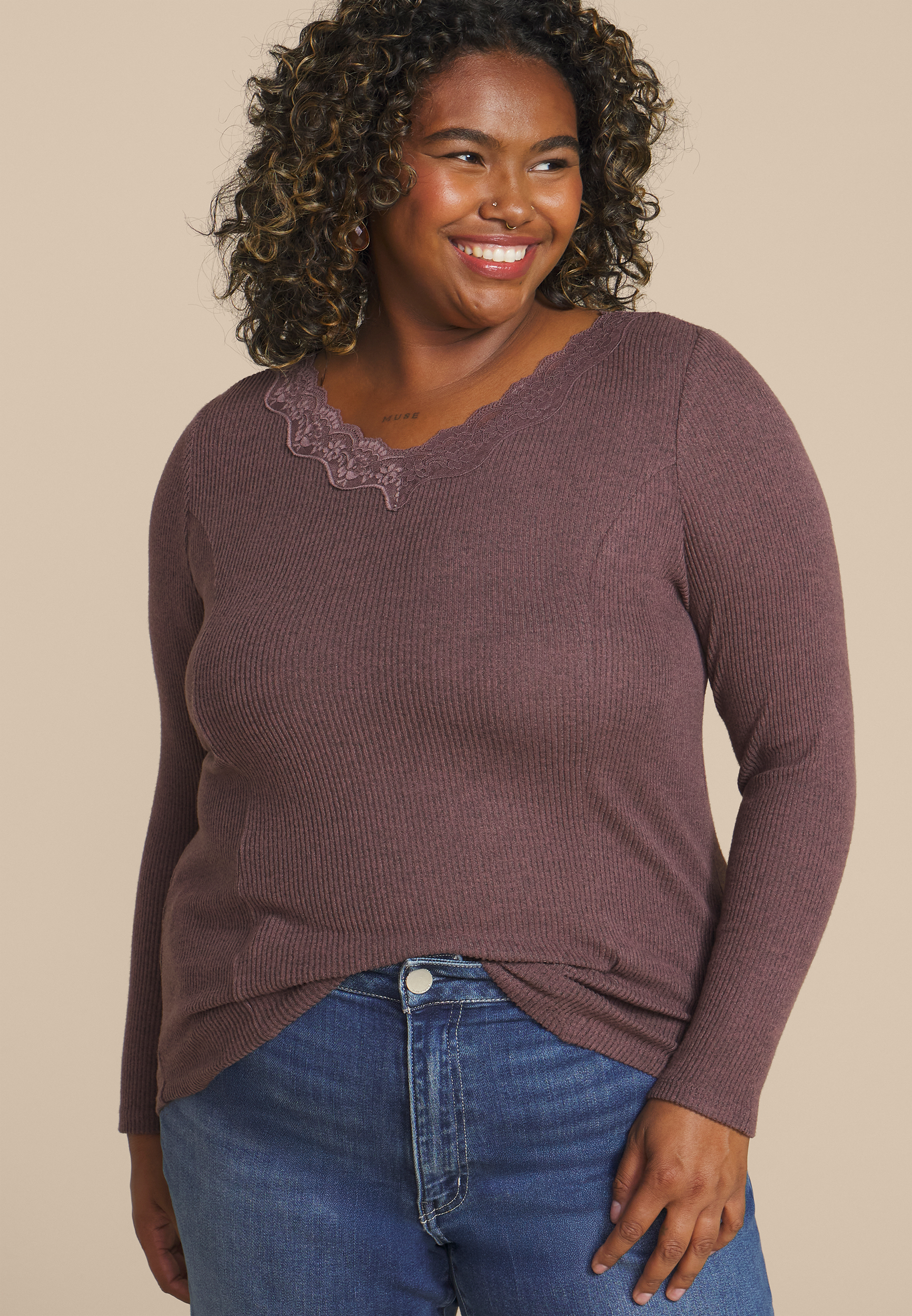 Plus Size Cozy Lace Trim V Neck Top