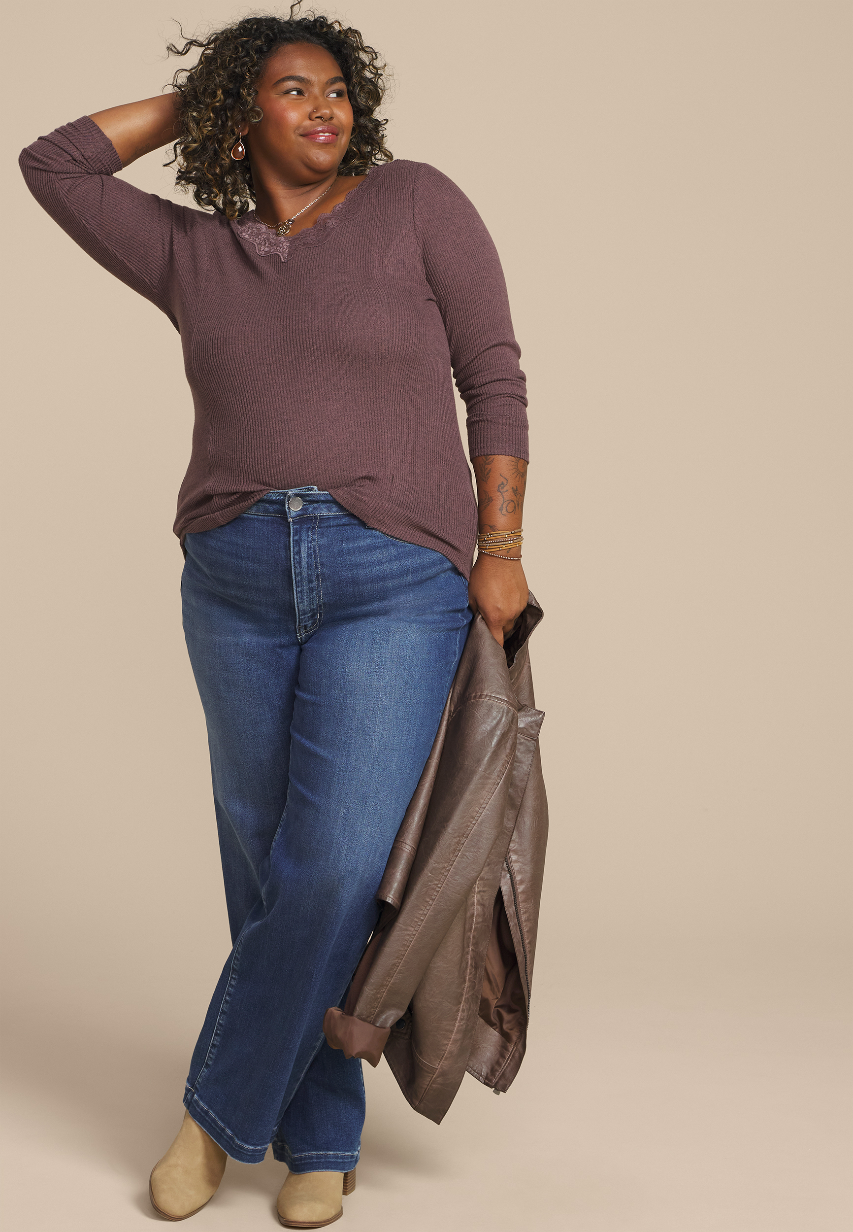 Plus Size Cozy Lace Trim V Neck Top maurices