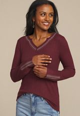 Embroidered Notch Neck Ribbed Long Sleeve Tee, C5212, small