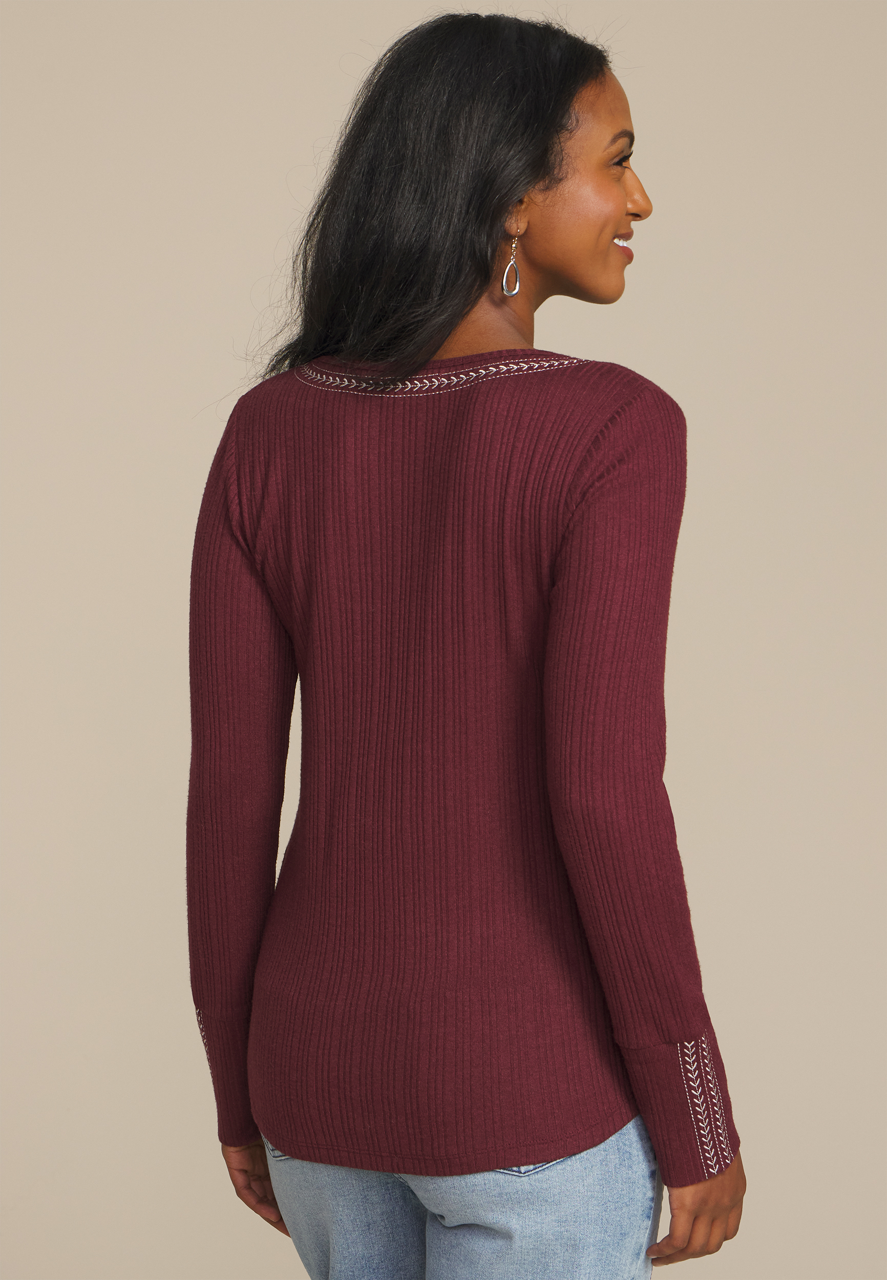 Embroidered Notch Neck Ribbed Long Sleeve Tee, C5212, large