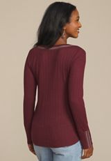 Embroidered Notch Neck Ribbed Long Sleeve Tee, C5212, small