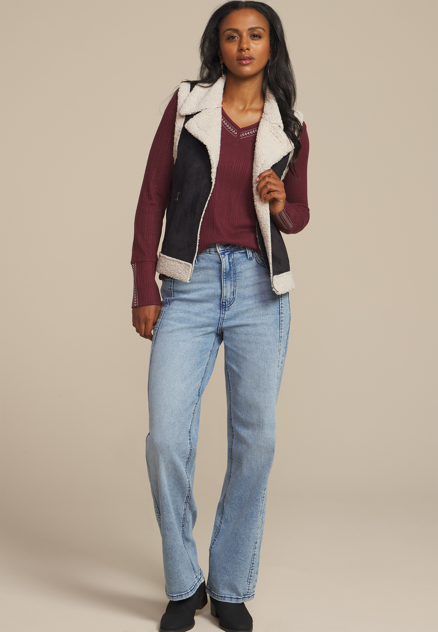 Embroidered Notch Neck Ribbed Long Sleeve Tee, C5212, large
