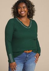 Plus Size Embroidered Notch Neck Ribbed Long Sleeve Tee, C1037, small