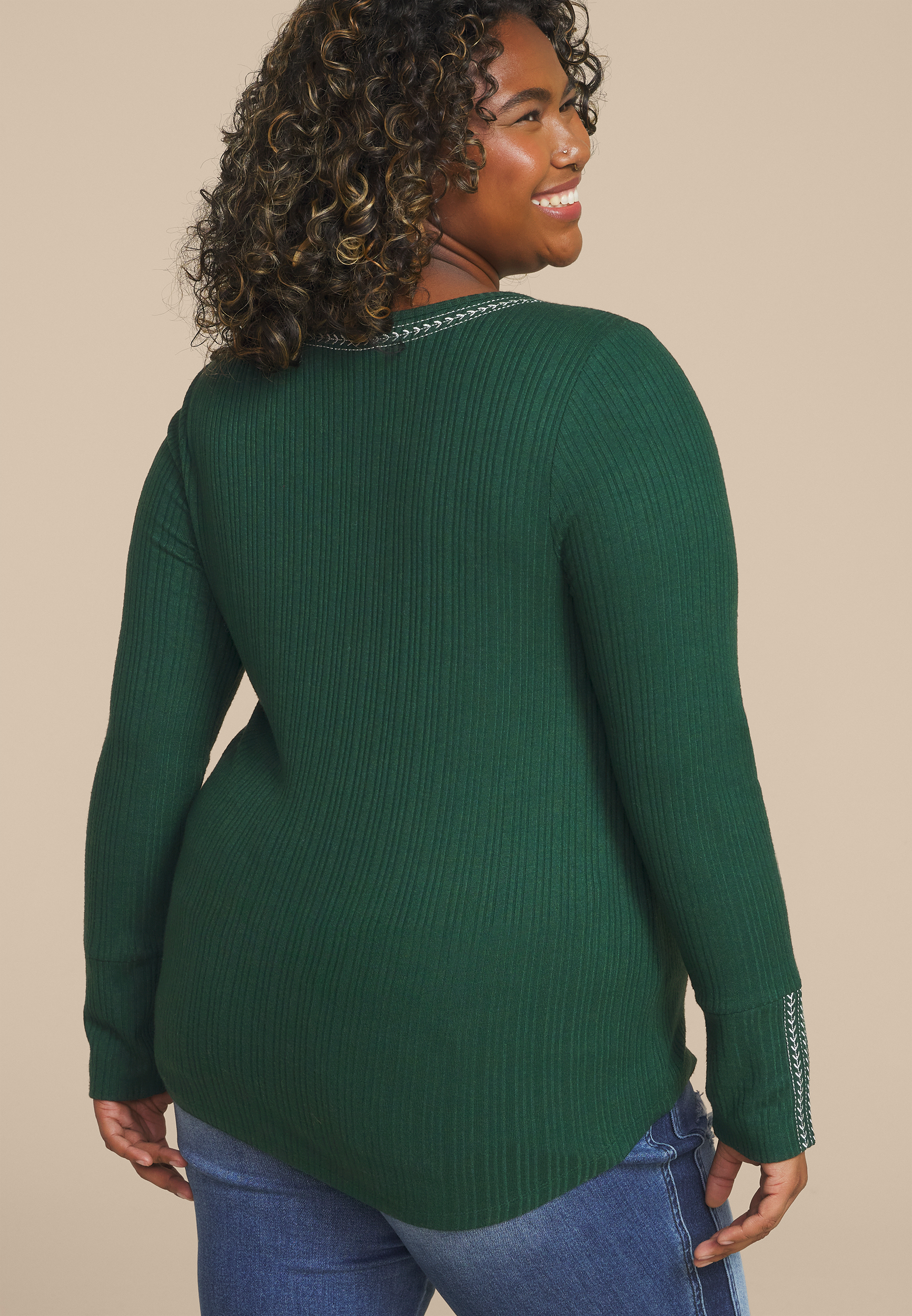 Plus Size Embroidered Notch Neck Ribbed Long Sleeve Tee, C1037, large
