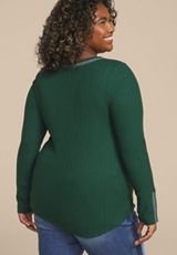 Plus Size Embroidered Notch Neck Ribbed Long Sleeve Tee, C1037, small