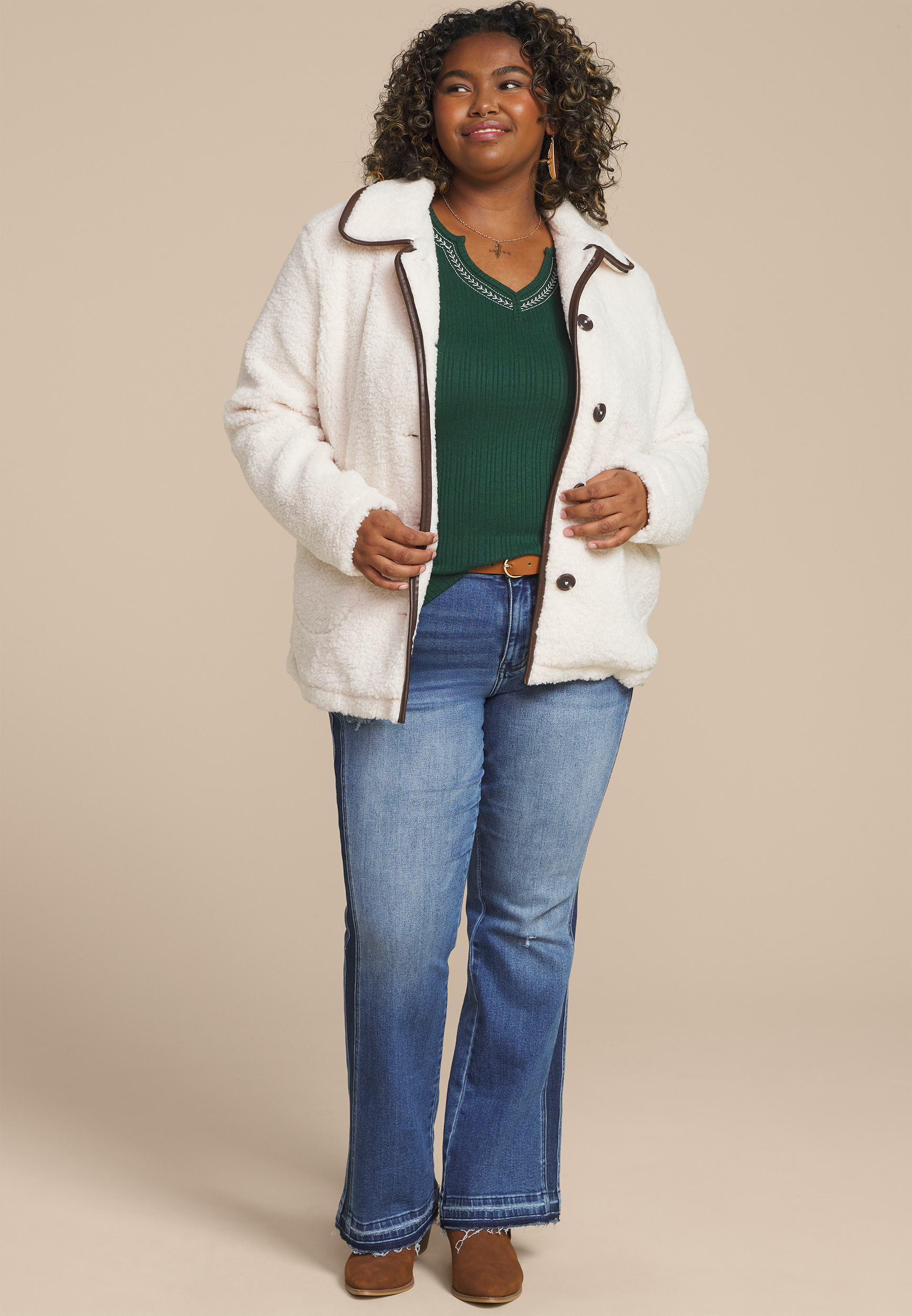 Plus Size Embroidered Notch Neck Ribbed Long Sleeve Tee, C1037, large
