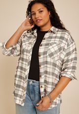 Plus Size Plaid Boyfriend Button Down Shirt, WHITE COMBO, small