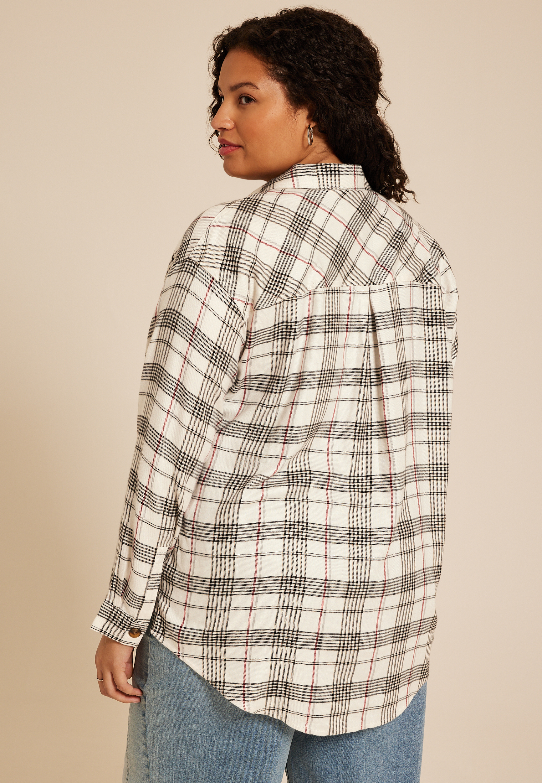 Plus Size Plaid Boyfriend Button Down Shirt, WHITE COMBO, large