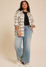 Plus Size Plaid Boyfriend Button Down Shirt, WHITE COMBO, small