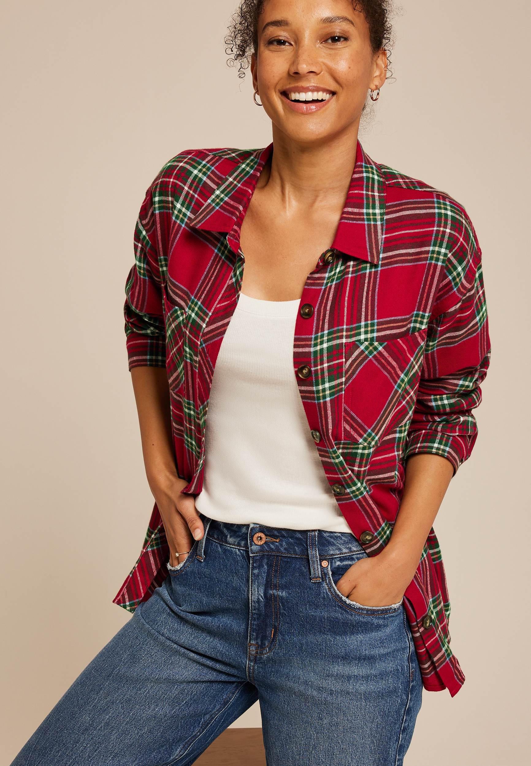 Plaid Boyfriend Tunic Button Down Shirt, , large