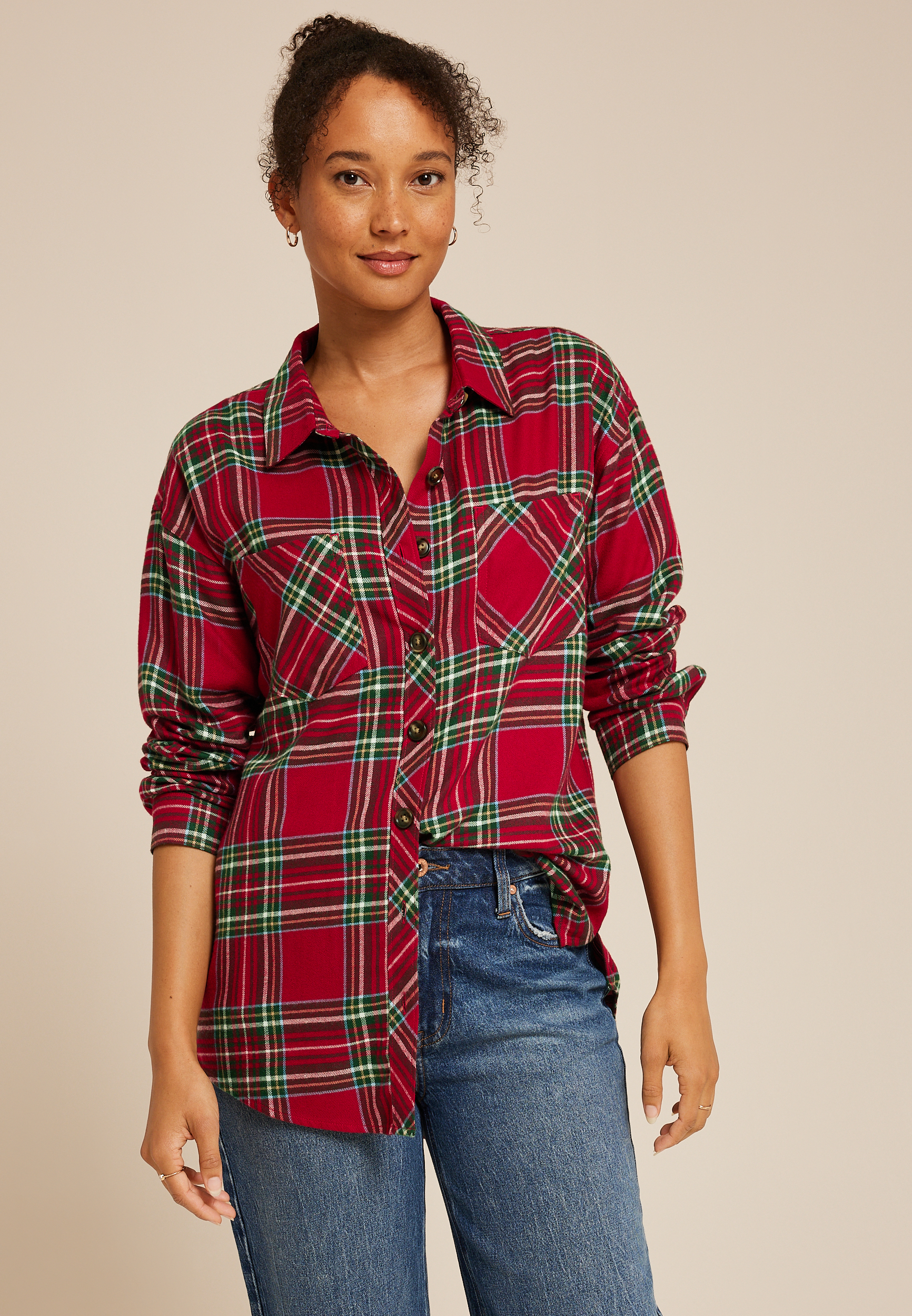 Plaid Boyfriend Tunic Button Down Shirt, , large