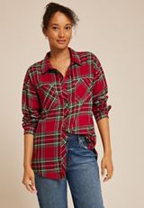 Plaid Boyfriend Tunic Button Down Shirt, , small