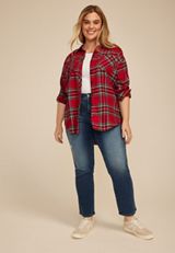 Plus Size Plaid Boyfriend Tunic Button Down Shirt, , small
