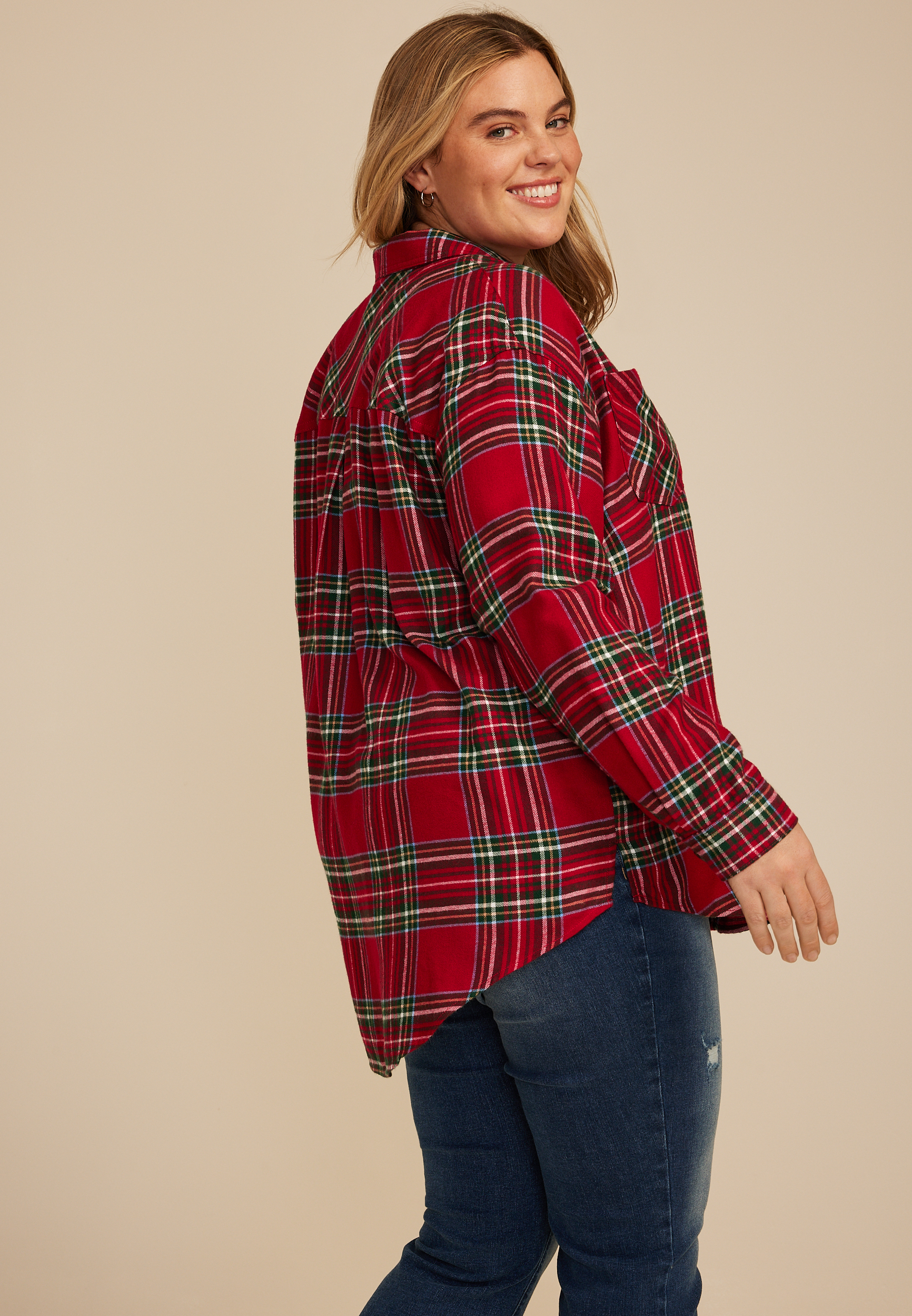 Plus Size Plaid Boyfriend Tunic Button Down Shirt, , large