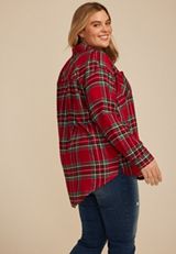 Plus Size Plaid Boyfriend Tunic Button Down Shirt, , small