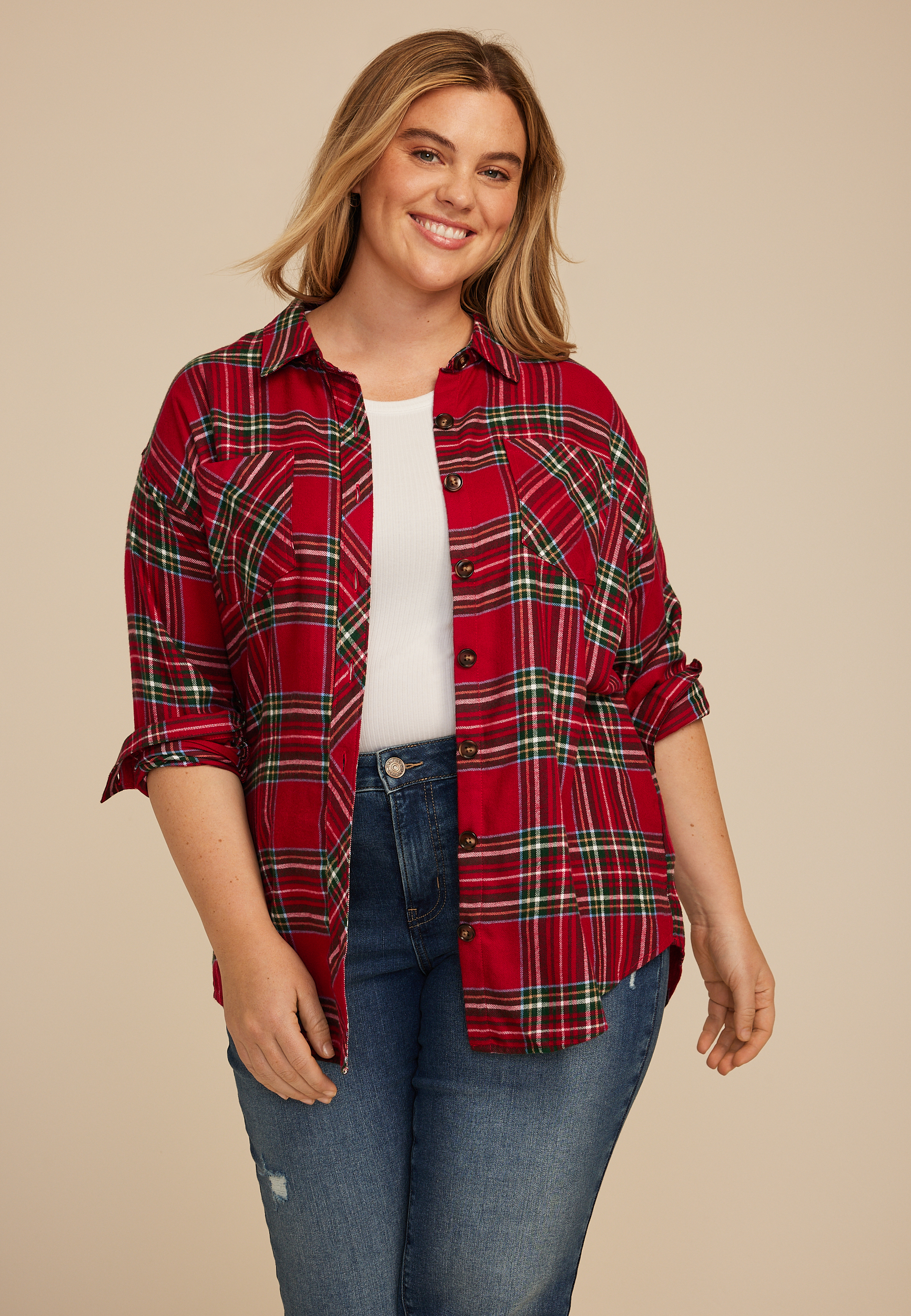 Plus Size Plaid Boyfriend Tunic Button Down Shirt, , large
