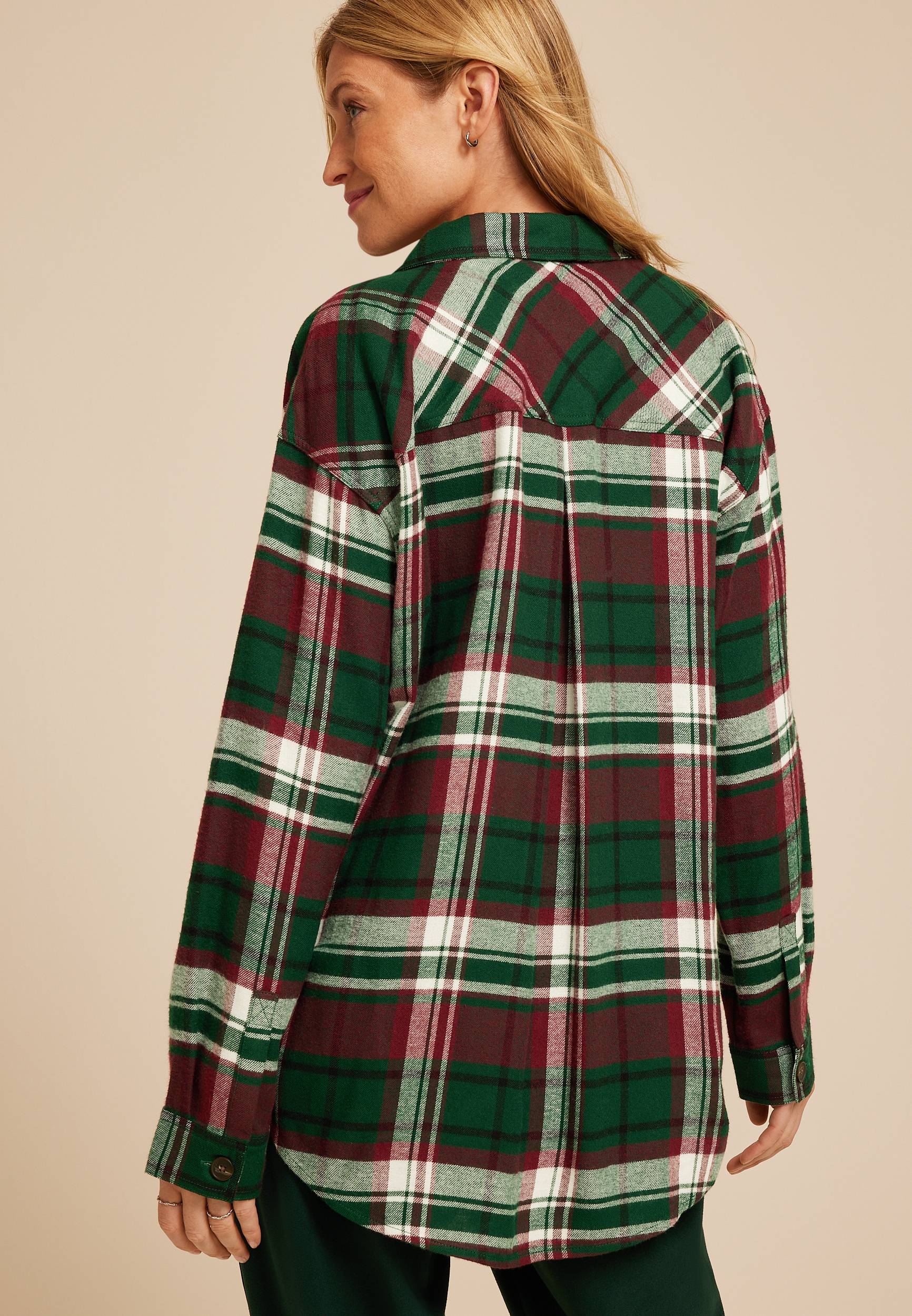 Plaid Boyfriend Tunic Button Down Shirt, , large