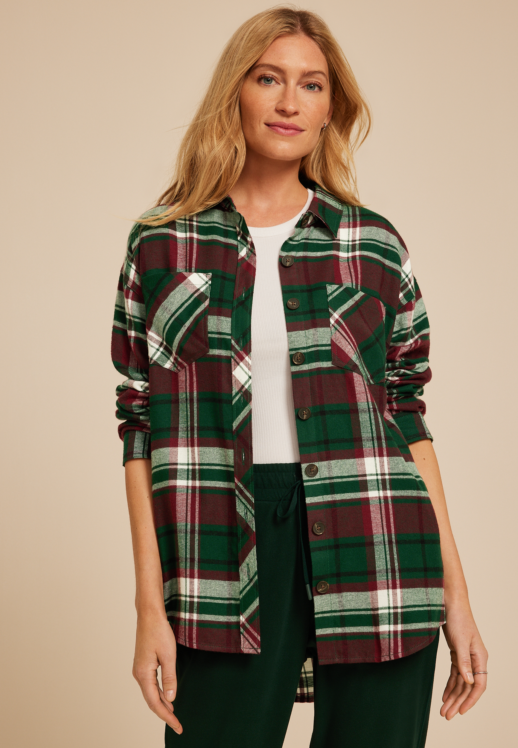 Plaid Boyfriend Tunic Button Down Shirt, , large