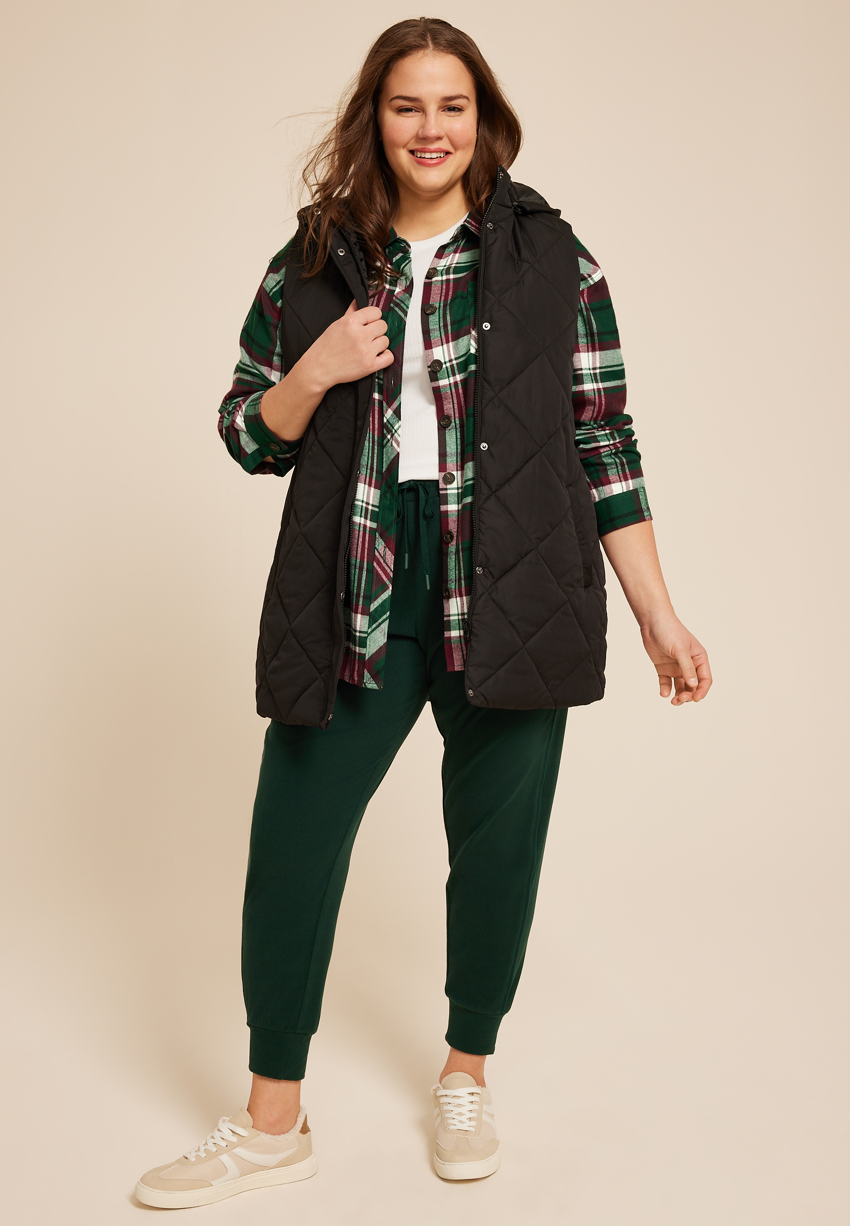 Plus Size Plaid Boyfriend Tunic Button Down Shirt, , large