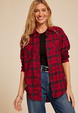 Plaid Boyfriend Tunic Button Down Shirt, , small