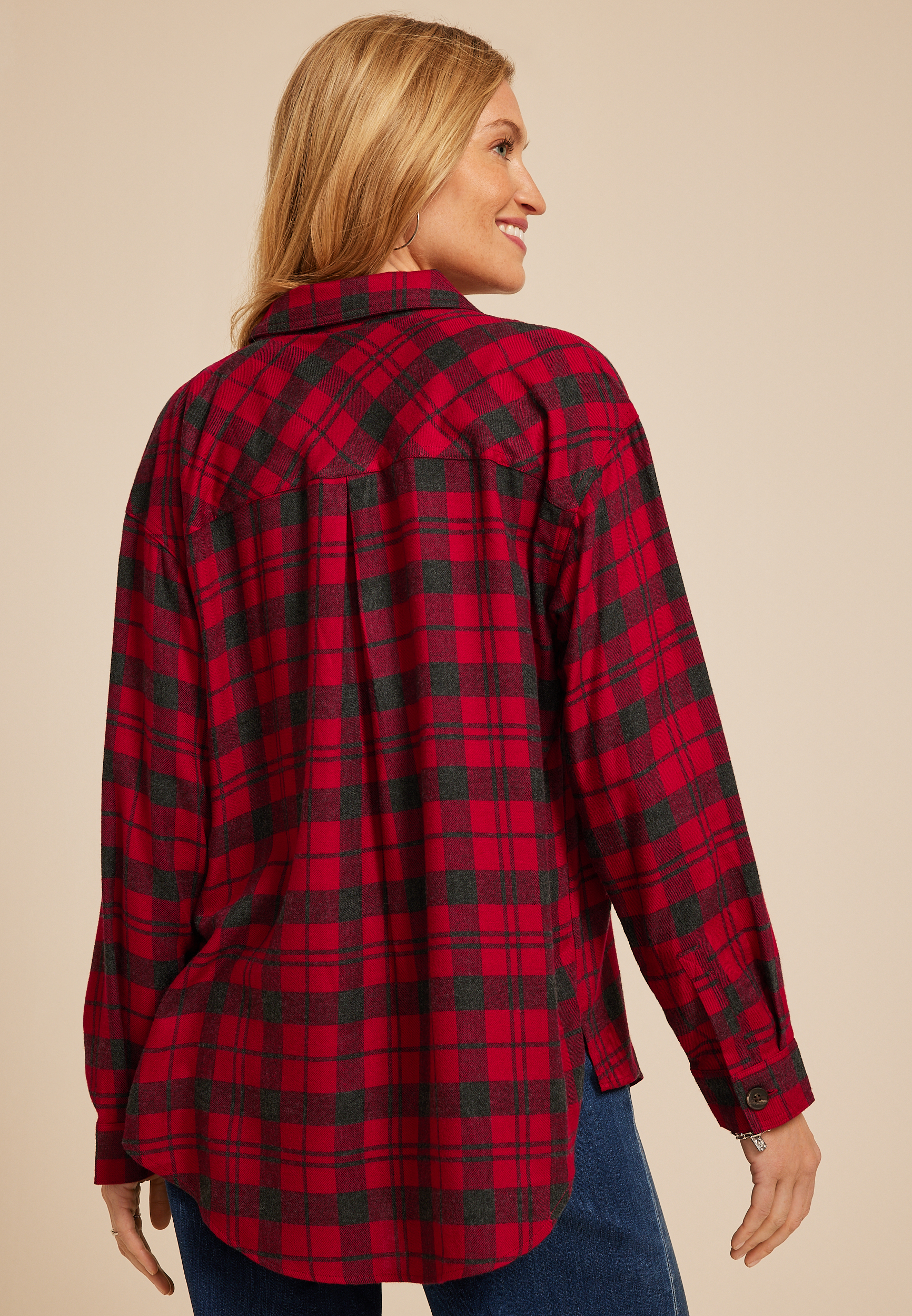 Plaid Boyfriend Tunic Button Down Shirt, , large