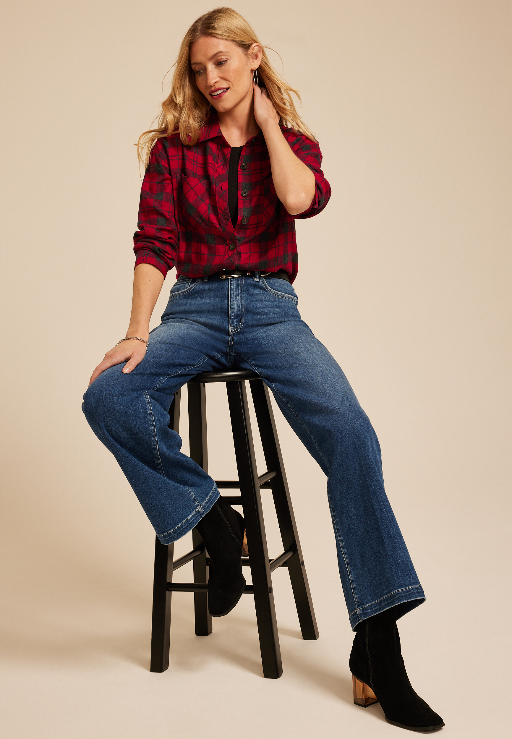Plaid Boyfriend Tunic Button Down Shirt, , large