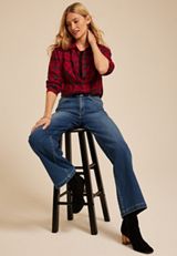 Plaid Boyfriend Tunic Button Down Shirt, , small