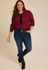 Plus Size Plaid Boyfriend Tunic Button Down Shirt, , small