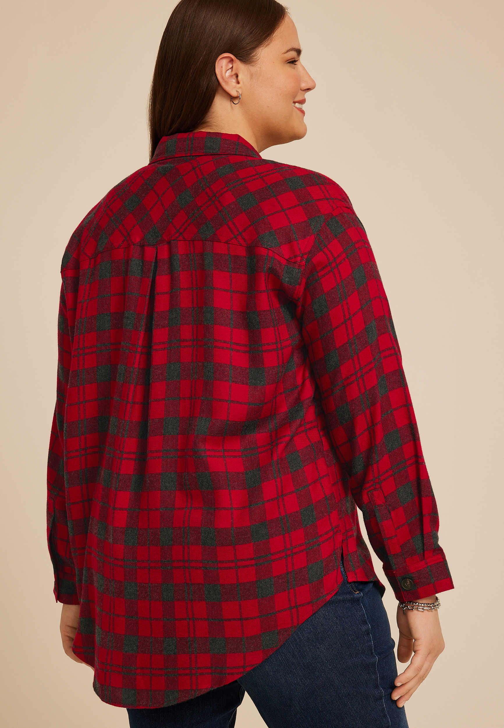 Plus Size Plaid Boyfriend Tunic Button Down Shirt, , large