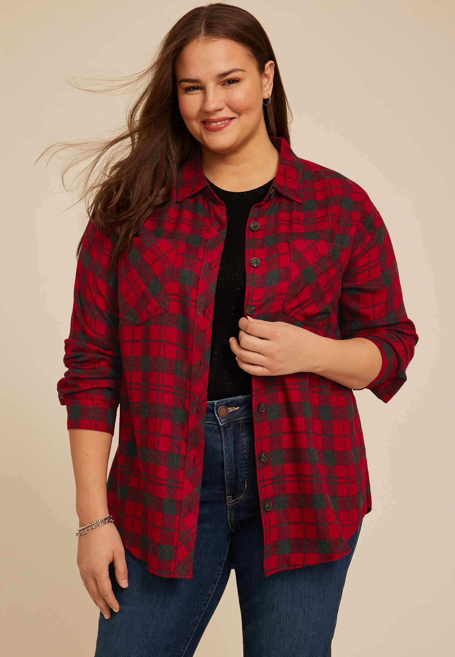Plus Size Plaid Boyfriend Tunic Button Down Shirt, , large