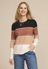 Faux Whipstitch Colorblock Knit Crewneck Sweater, C1246, small